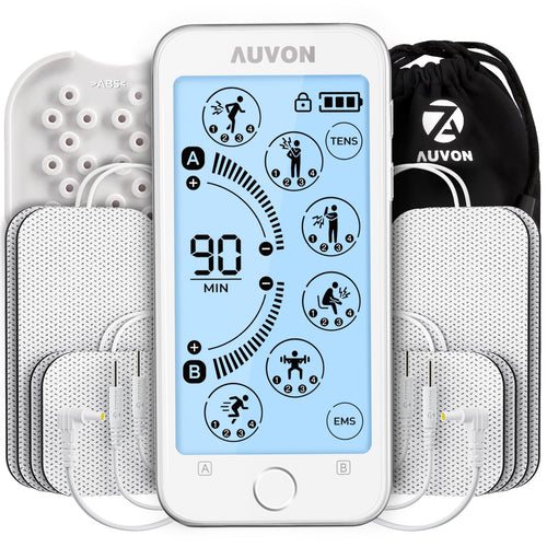 AUVON Pantalla táctil TENS Unidad estimulador muscular para alivio del dolor, 24 modos de doble canal recargable TENS máquina con 2 x duración de la batería, modo continuo,