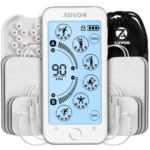 AUVON Pantalla táctil TENS Unidad estimulador muscular para alivio del dolor, 24 modos de doble canal recargable TENS máquina con 2 x duración de la batería, modo continuo,